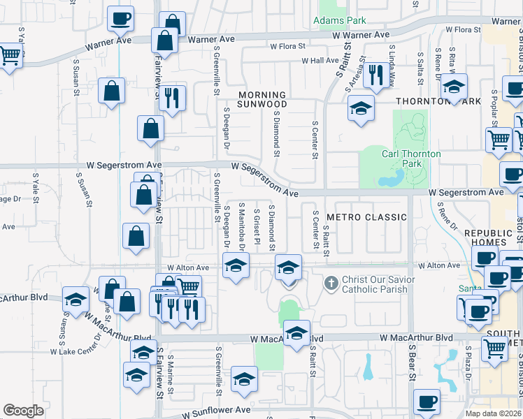 map of restaurants, bars, coffee shops, grocery stores, and more near 3019 South Griset Place in Santa Ana