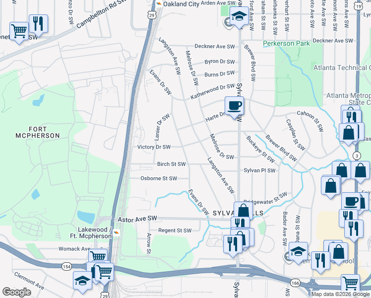 map of restaurants, bars, coffee shops, grocery stores, and more near 1060 Victory Drive Southwest in Atlanta