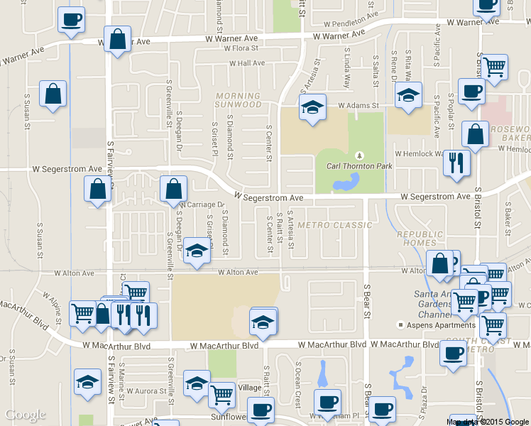 map of restaurants, bars, coffee shops, grocery stores, and more near 3014 S Center St in Santa Ana