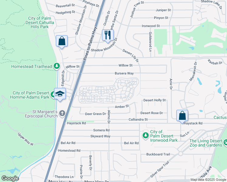 map of restaurants, bars, coffee shops, grocery stores, and more near 73067 Pancho Segura Lane in Palm Desert