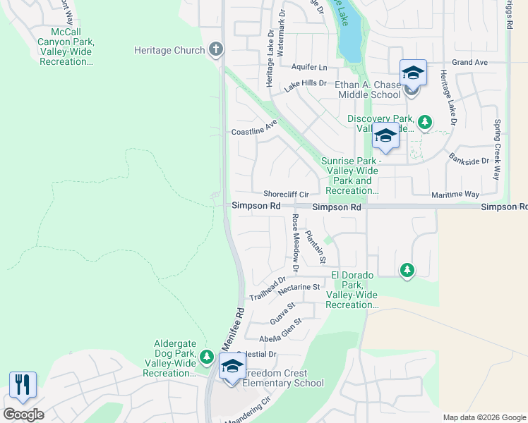 map of restaurants, bars, coffee shops, grocery stores, and more near 29128 Redwood Drive in Menifee