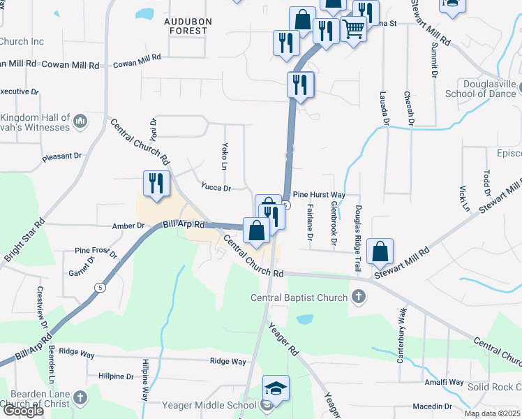 map of restaurants, bars, coffee shops, grocery stores, and more near 5989 Zane Court in Douglasville