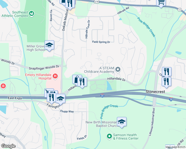 map of restaurants, bars, coffee shops, grocery stores, and more near 2727 Penwood Place in Lithonia