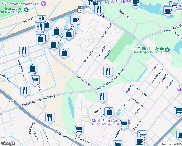 map of restaurants, bars, coffee shops, grocery stores, and more near 1015 Ocala Street in Myrtle Beach