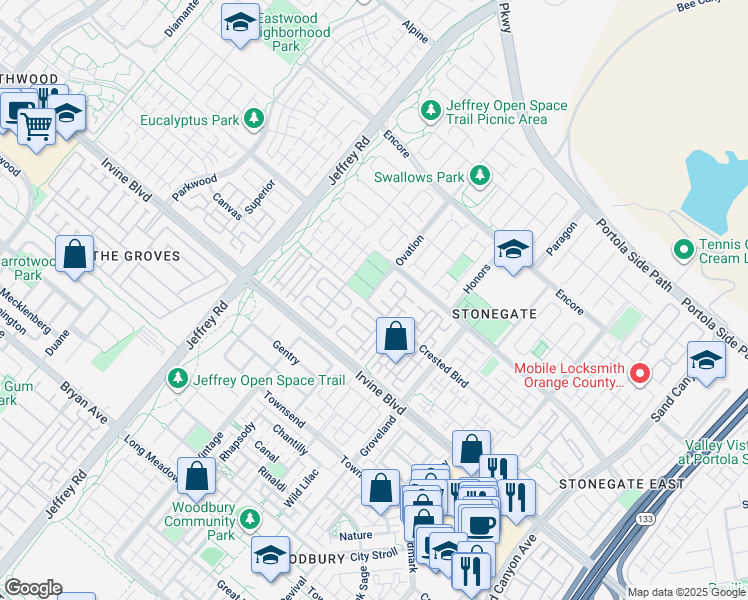 map of restaurants, bars, coffee shops, grocery stores, and more near 20 Ovation in Irvine