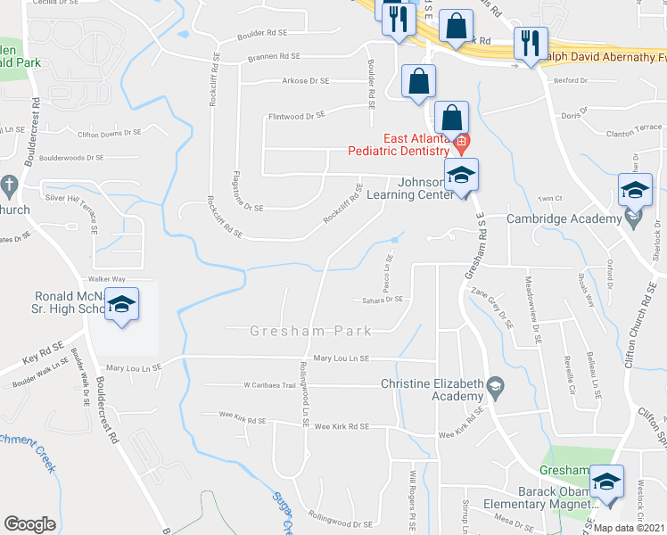 map of restaurants, bars, coffee shops, grocery stores, and more near 2756 Rollingwood Lane Southeast in Atlanta