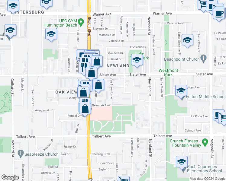 map of restaurants, bars, coffee shops, grocery stores, and more near 17604 Van Buren Lane in Huntington Beach