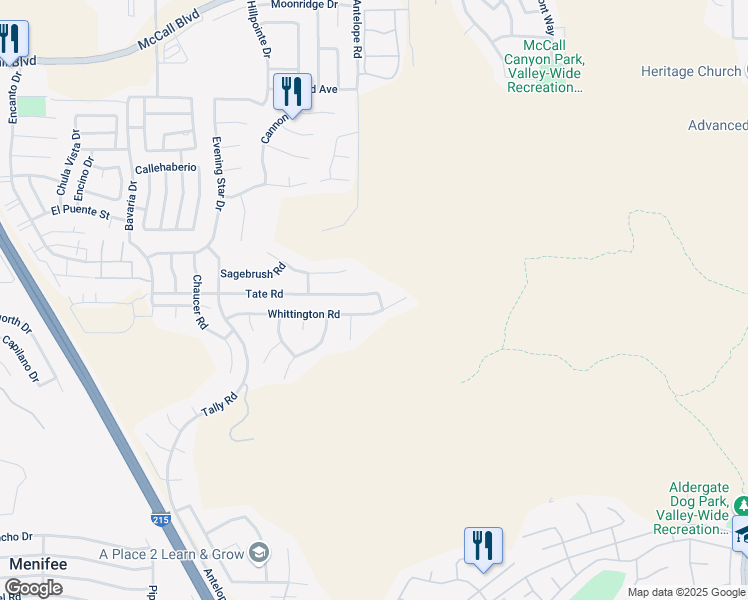 map of restaurants, bars, coffee shops, grocery stores, and more near 27999 Tate Road in Menifee
