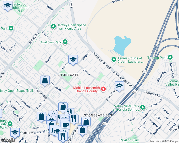 map of restaurants, bars, coffee shops, grocery stores, and more near 76 Gainsboro in Irvine