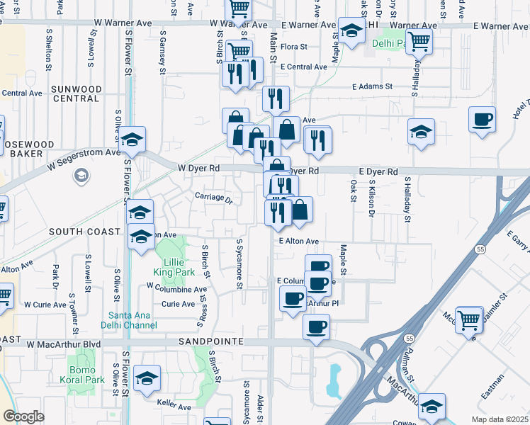 map of restaurants, bars, coffee shops, grocery stores, and more near 3044 South Main Street in Santa Ana