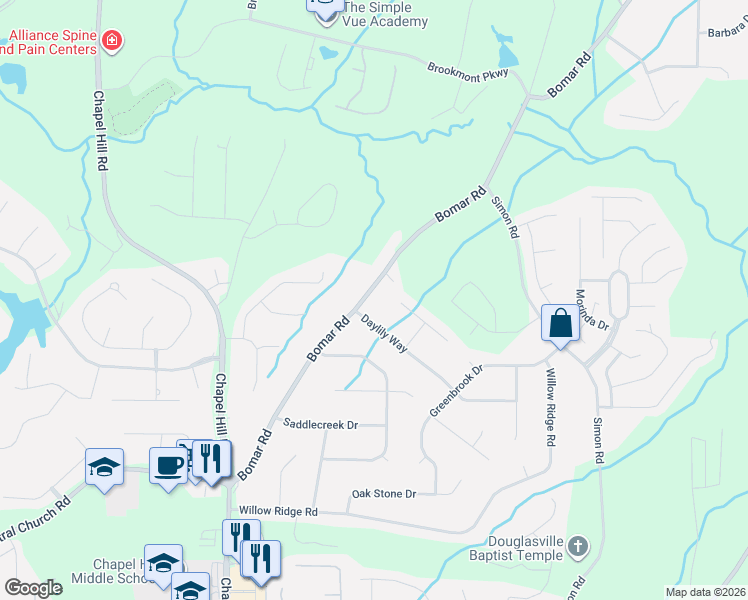 map of restaurants, bars, coffee shops, grocery stores, and more near 3564 Bomar Road in Douglasville