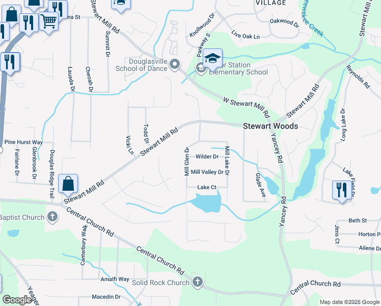 map of restaurants, bars, coffee shops, grocery stores, and more near 3633 Mill Glen Drive in Douglasville
