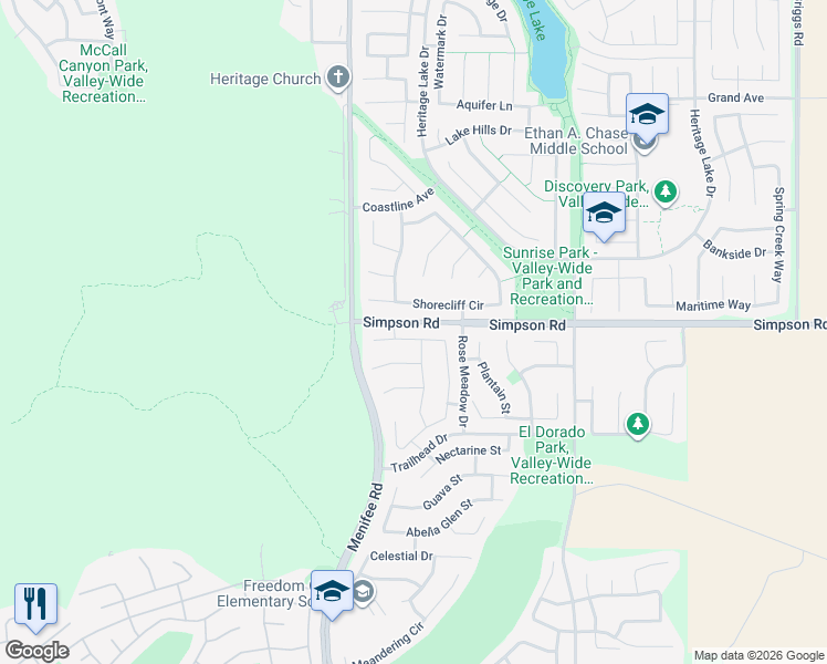 map of restaurants, bars, coffee shops, grocery stores, and more near 29128 Redwood Street in Menifee
