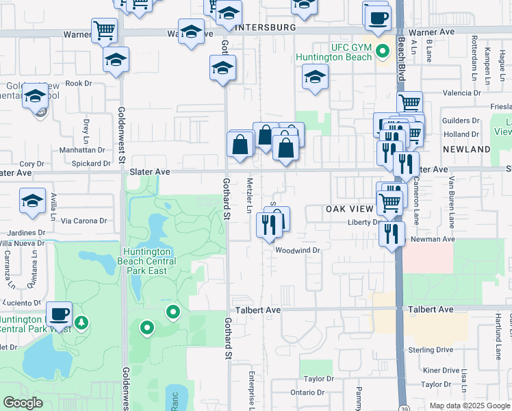 map of restaurants, bars, coffee shops, grocery stores, and more near 17641 Sampson Lane in Huntington Beach
