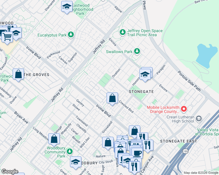 map of restaurants, bars, coffee shops, grocery stores, and more near 219 Overbrook in Irvine