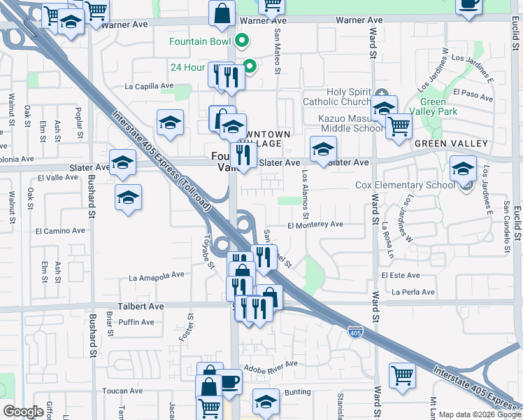 map of restaurants, bars, coffee shops, grocery stores, and more near 17661 San Rafael Street in Fountain Valley