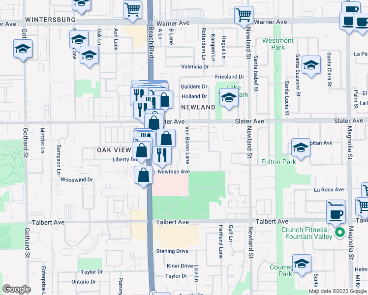 map of restaurants, bars, coffee shops, grocery stores, and more near 17631 Van Buren Lane in Huntington Beach