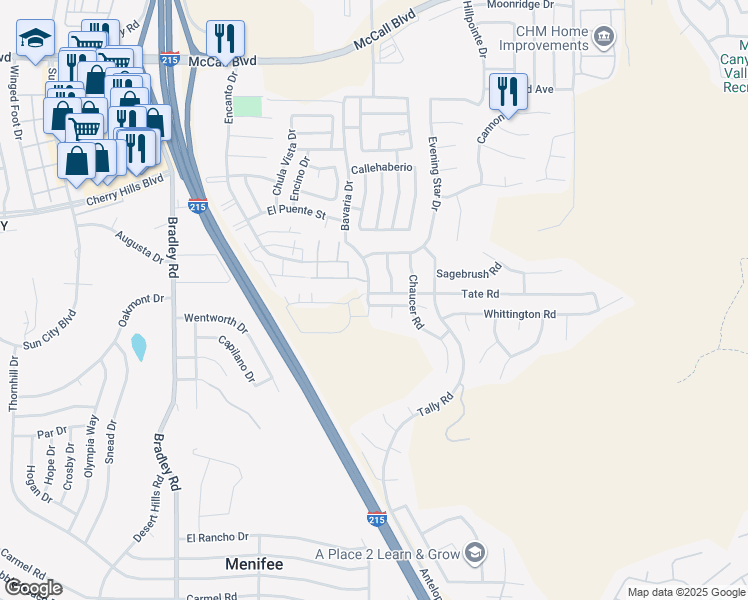 map of restaurants, bars, coffee shops, grocery stores, and more near 27530 Regent Lane in Menifee
