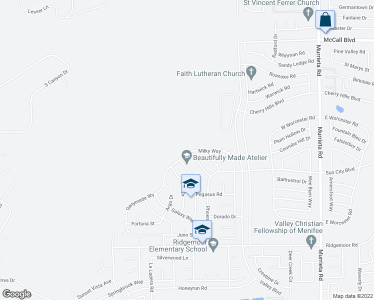 map of restaurants, bars, coffee shops, grocery stores, and more near 25270 Lyra Court in Menifee