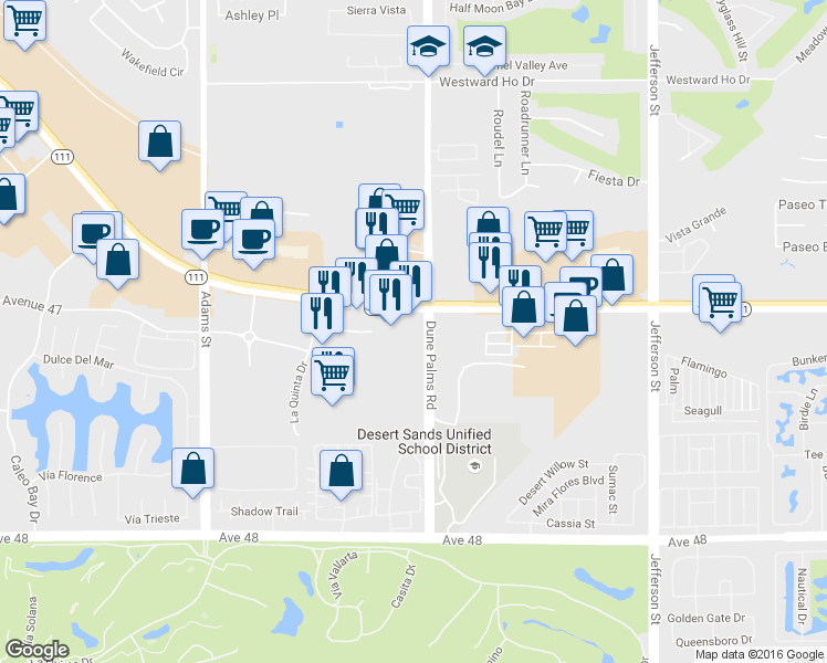 map of restaurants, bars, coffee shops, grocery stores, and more near 79485 Hwy 111 in La Quinta