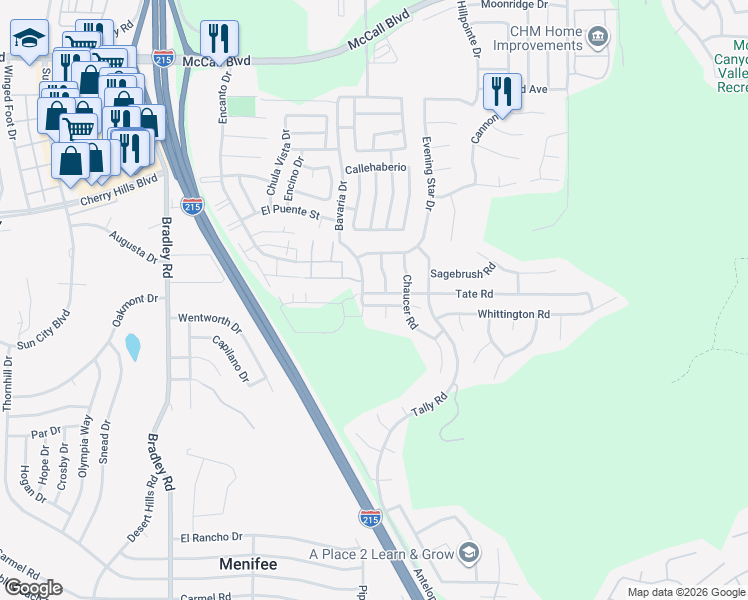map of restaurants, bars, coffee shops, grocery stores, and more near 27542 Regent Lane in Menifee