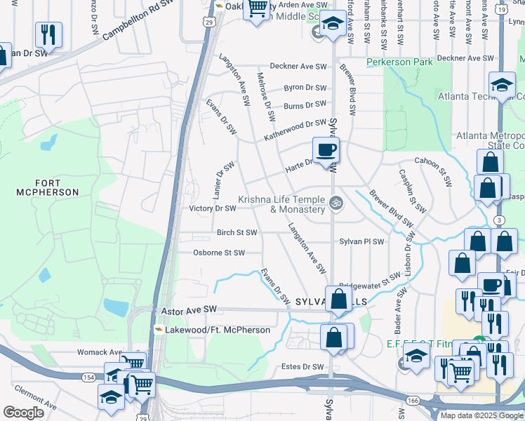 map of restaurants, bars, coffee shops, grocery stores, and more near 1050 Victory Drive Southwest in Atlanta