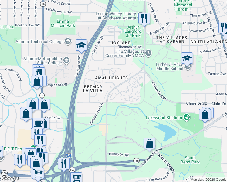 map of restaurants, bars, coffee shops, grocery stores, and more near 1752 Pryor Road Southwest in Atlanta