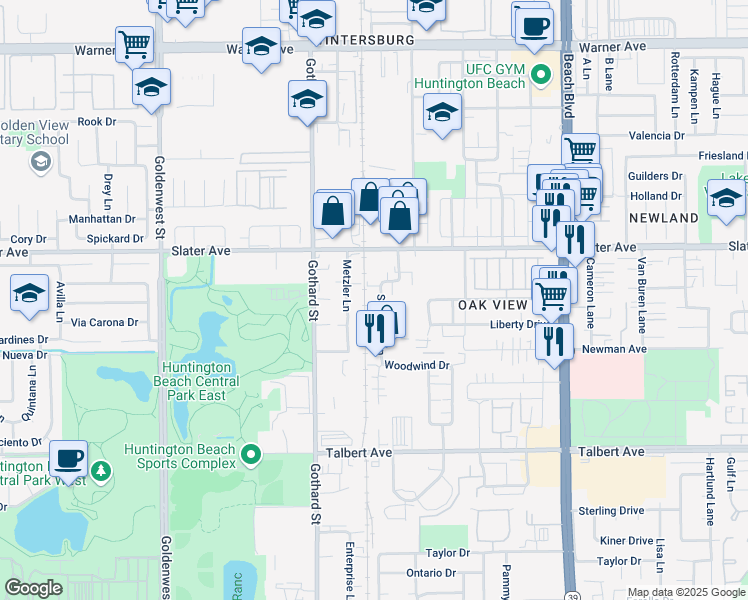 map of restaurants, bars, coffee shops, grocery stores, and more near 17641 Sampson Lane in Huntington Beach