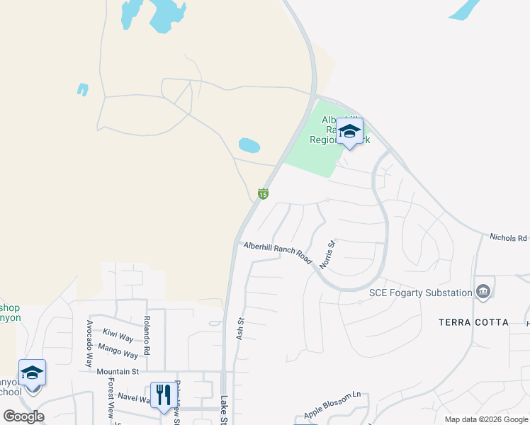 map of restaurants, bars, coffee shops, grocery stores, and more near 4120 Poplar Circle in Lake Elsinore