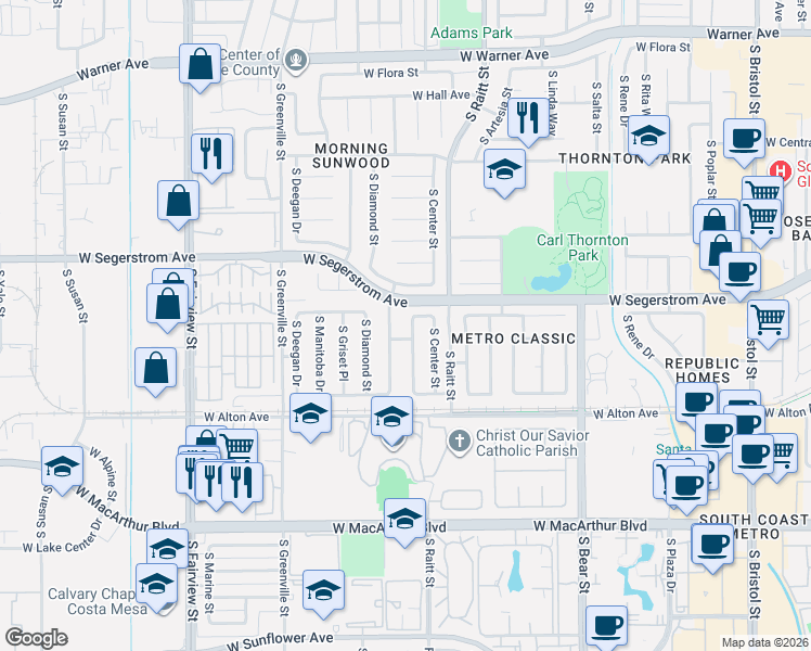 map of restaurants, bars, coffee shops, grocery stores, and more near 3014 South Center Street in Santa Ana