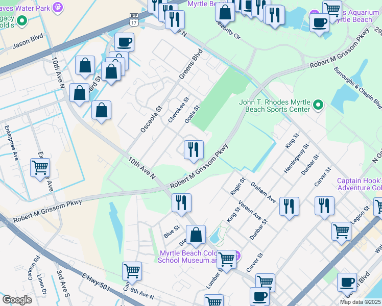 map of restaurants, bars, coffee shops, grocery stores, and more near 1210 Brown Pelican Drive in Myrtle Beach
