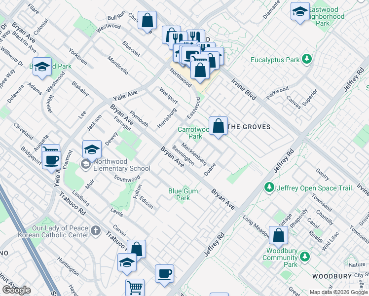 map of restaurants, bars, coffee shops, grocery stores, and more near 23 Mecklenburg in Irvine