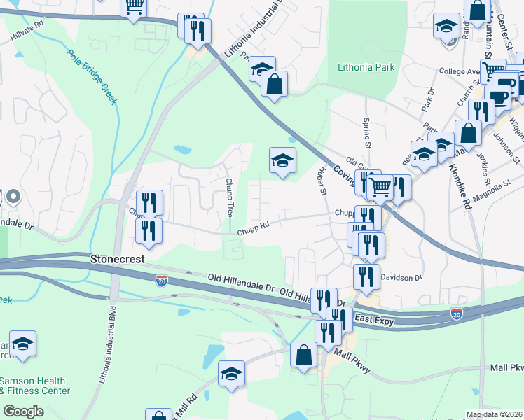 map of restaurants, bars, coffee shops, grocery stores, and more near 2726 Evans Mill Drive in Lithonia