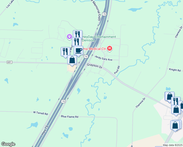 map of restaurants, bars, coffee shops, grocery stores, and more near Texoma Medical Center Drive in Sherman