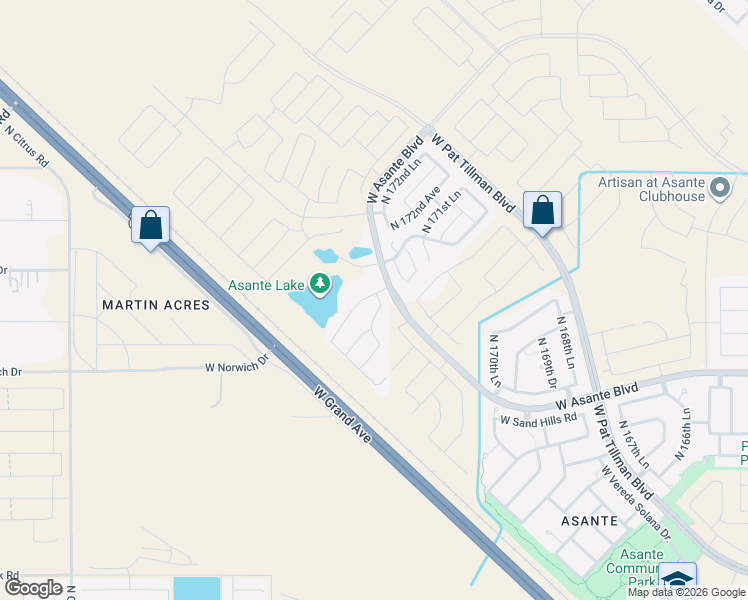 map of restaurants, bars, coffee shops, grocery stores, and more near 24505 North 173rd Lane in Surprise