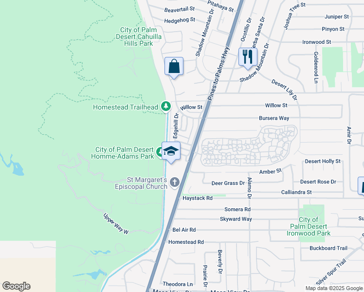 map of restaurants, bars, coffee shops, grocery stores, and more near 72667 Raven Road in Palm Desert