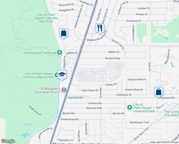 map of restaurants, bars, coffee shops, grocery stores, and more near 72853 Don Larson Lane in Palm Desert