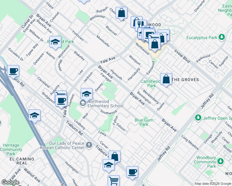 map of restaurants, bars, coffee shops, grocery stores, and more near 3 Calhoun in Irvine