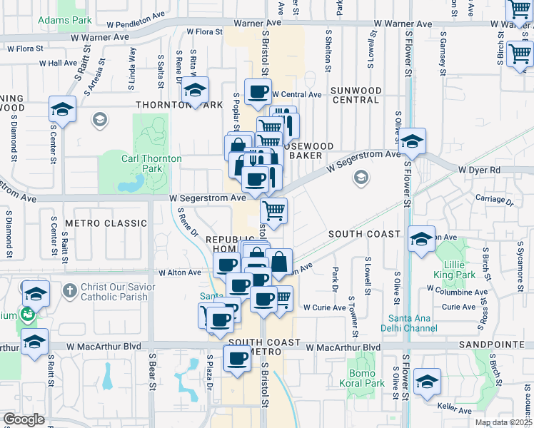 map of restaurants, bars, coffee shops, grocery stores, and more near 3047 South Bristol Street in Santa Ana