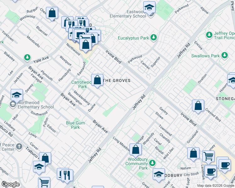 map of restaurants, bars, coffee shops, grocery stores, and more near 14 Cape Cod in Irvine