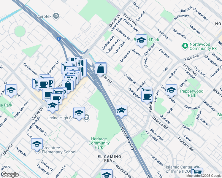 map of restaurants, bars, coffee shops, grocery stores, and more near 1 Monroe in Irvine