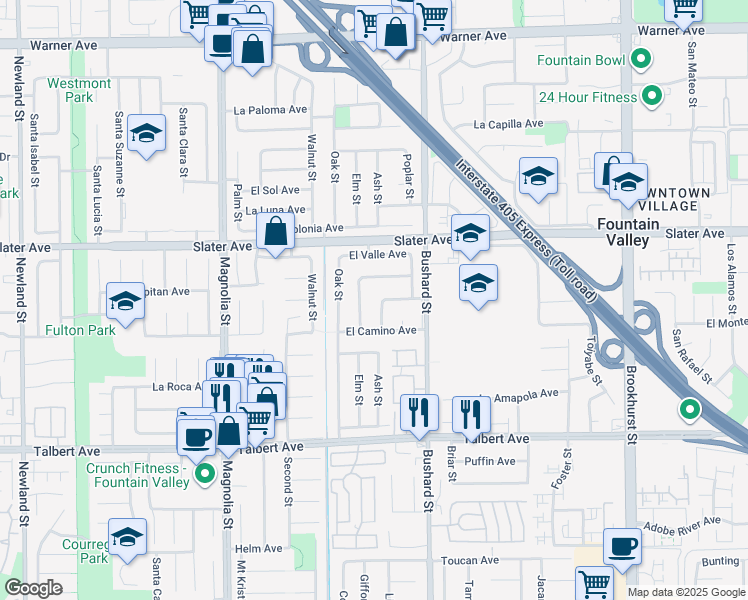 map of restaurants, bars, coffee shops, grocery stores, and more near 17649 Locust Street in Fountain Valley
