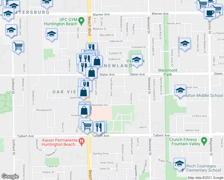 map of restaurants, bars, coffee shops, grocery stores, and more near 17604 Van Buren Lane in Huntington Beach