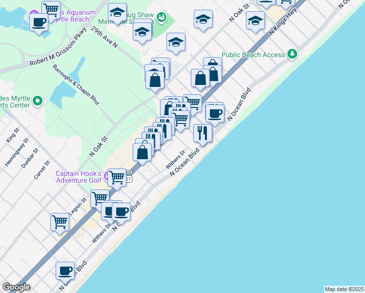 map of restaurants, bars, coffee shops, grocery stores, and more near 2610 Ocean Boulevard in Myrtle Beach