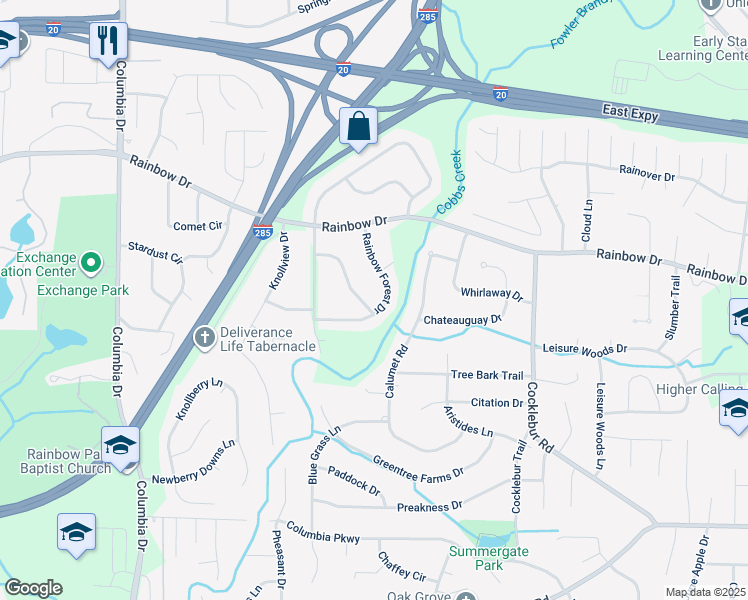 map of restaurants, bars, coffee shops, grocery stores, and more near 2753 Rainbow Forest Drive in Decatur