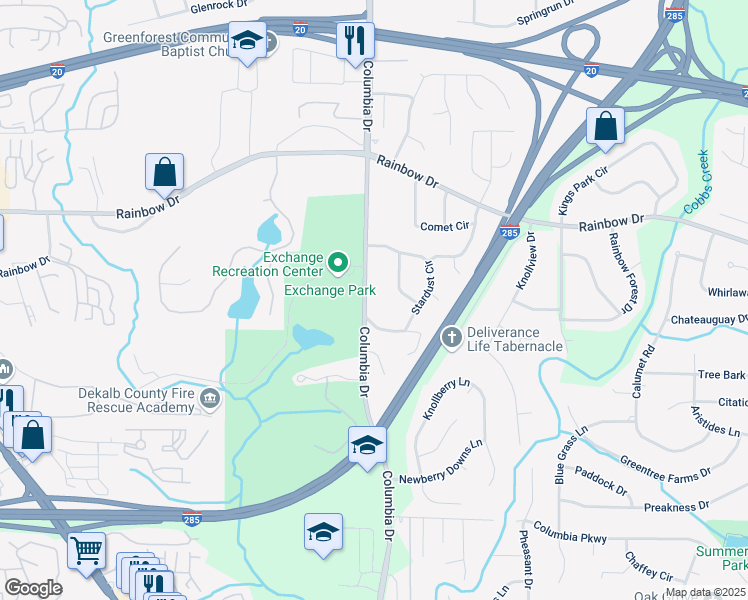 map of restaurants, bars, coffee shops, grocery stores, and more near 2736 Columbia Drive in Decatur