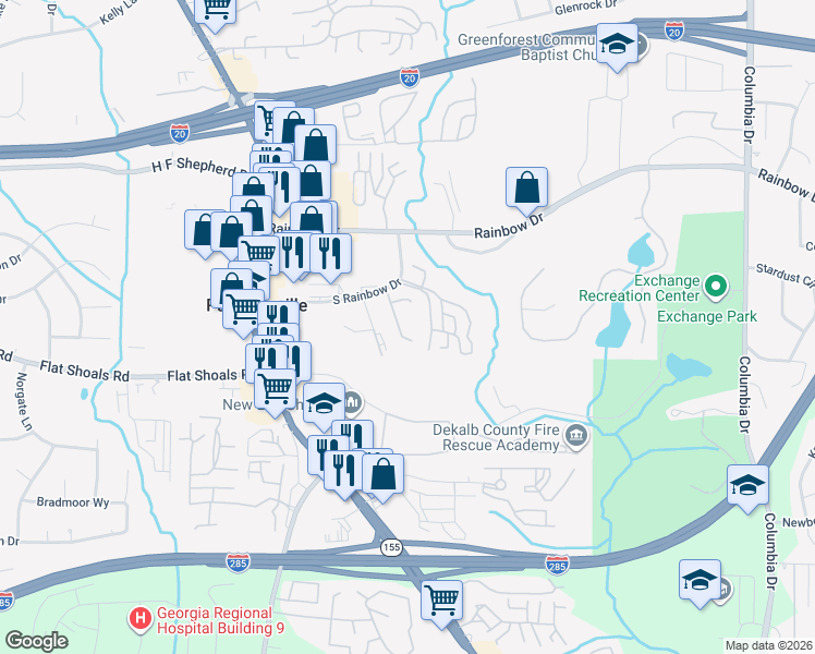 map of restaurants, bars, coffee shops, grocery stores, and more near 1564 Eastern Sunrise Lane in Decatur