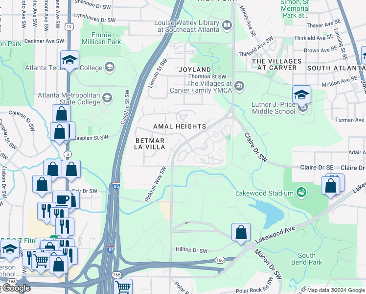 map of restaurants, bars, coffee shops, grocery stores, and more near 1752 Pryor Road Southwest in Atlanta