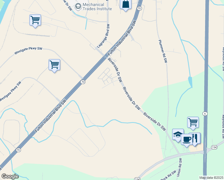map of restaurants, bars, coffee shops, grocery stores, and more near 6150 Riverside Drive Southwest in Atlanta