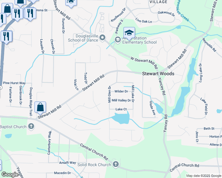 map of restaurants, bars, coffee shops, grocery stores, and more near 3633 Mill Glen Drive in Douglasville
